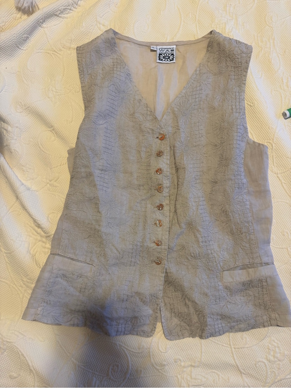 Vintage Johnny Was Collection Beige Embroidered Linen Button Down Vest L
